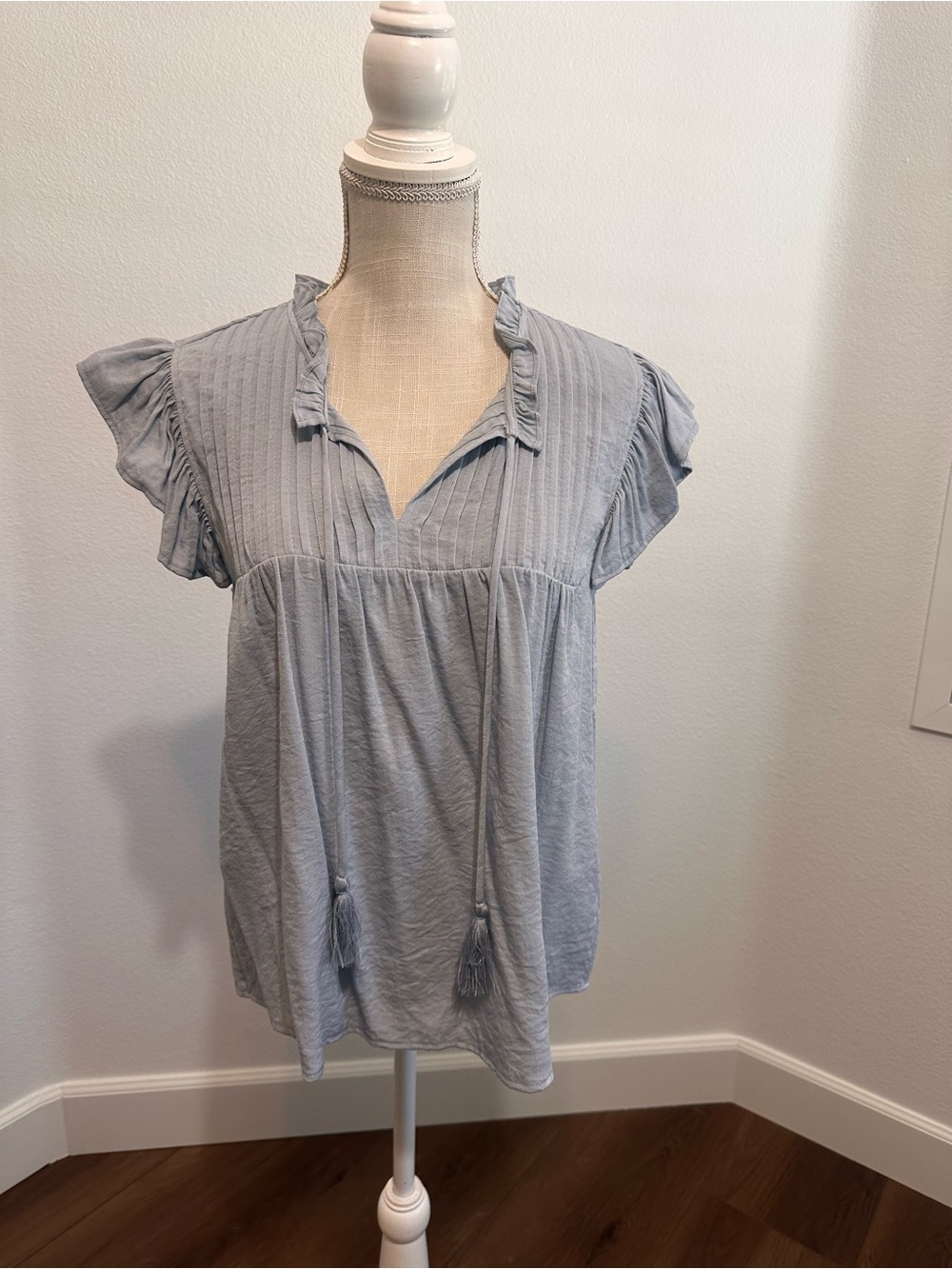 Light Blue Ruffle Sleeve Peasant Top with Tassel Tie